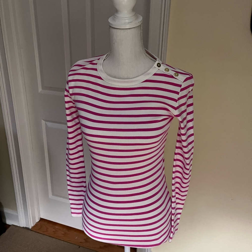 JCrew Factory Girlfriend Pink and White Long Sleeve Top.